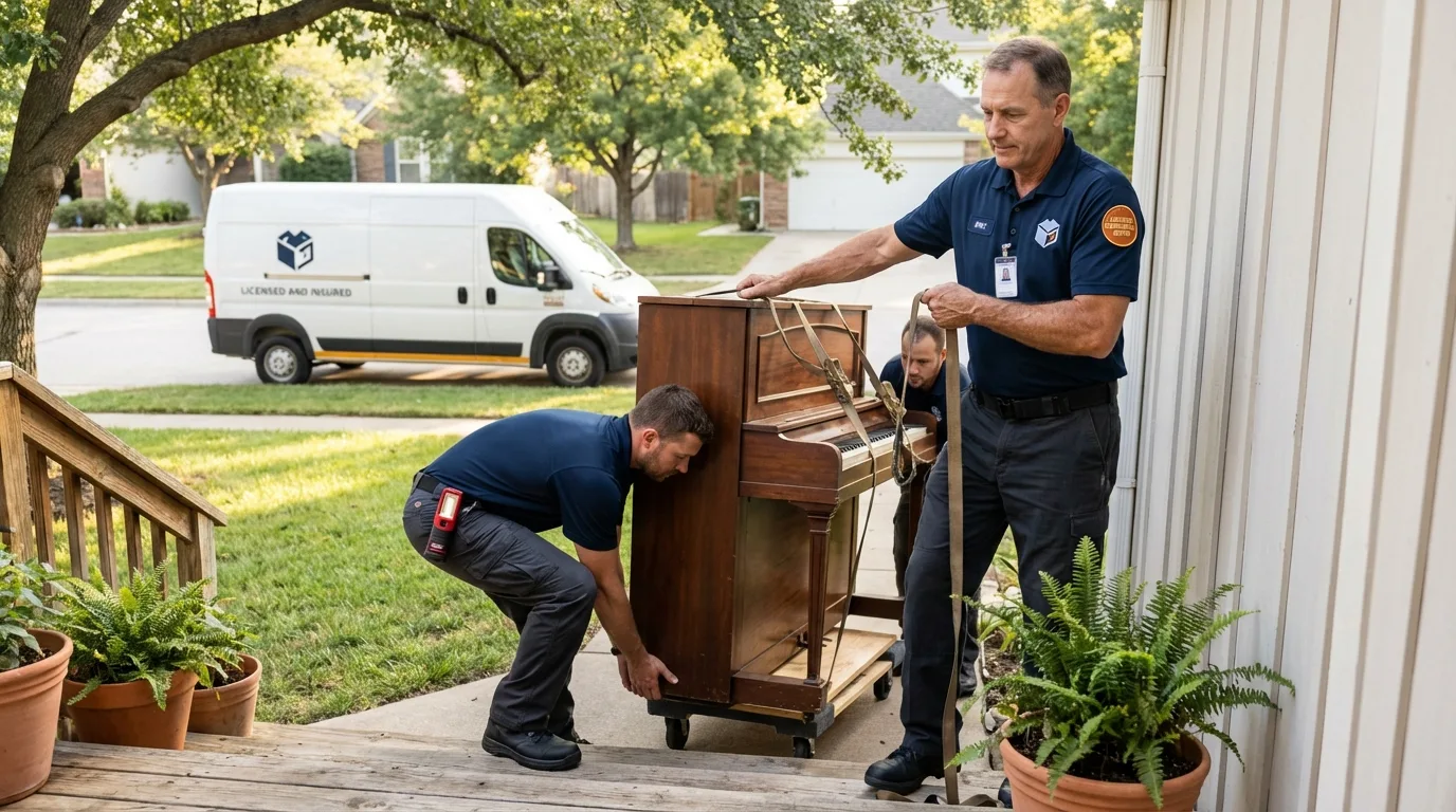 Licensed piano movers securing grand piano in Wayzata, MN