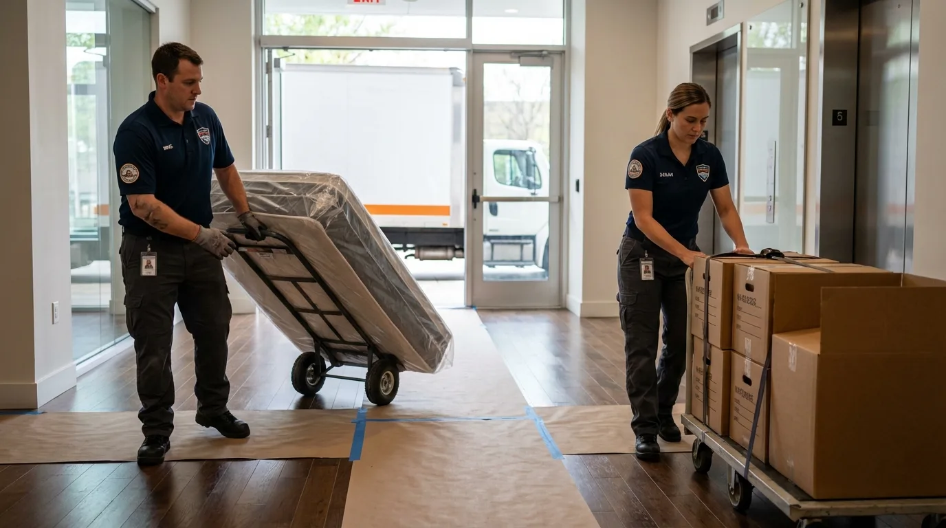 Professional apartment movers loading elevator in Wayzata, MN